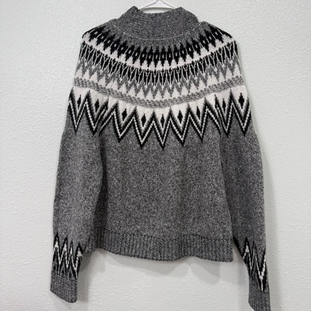 Old Navy Womens Fair Isle Mock‎ Neck Sweater Gray Black White M Tall 1166